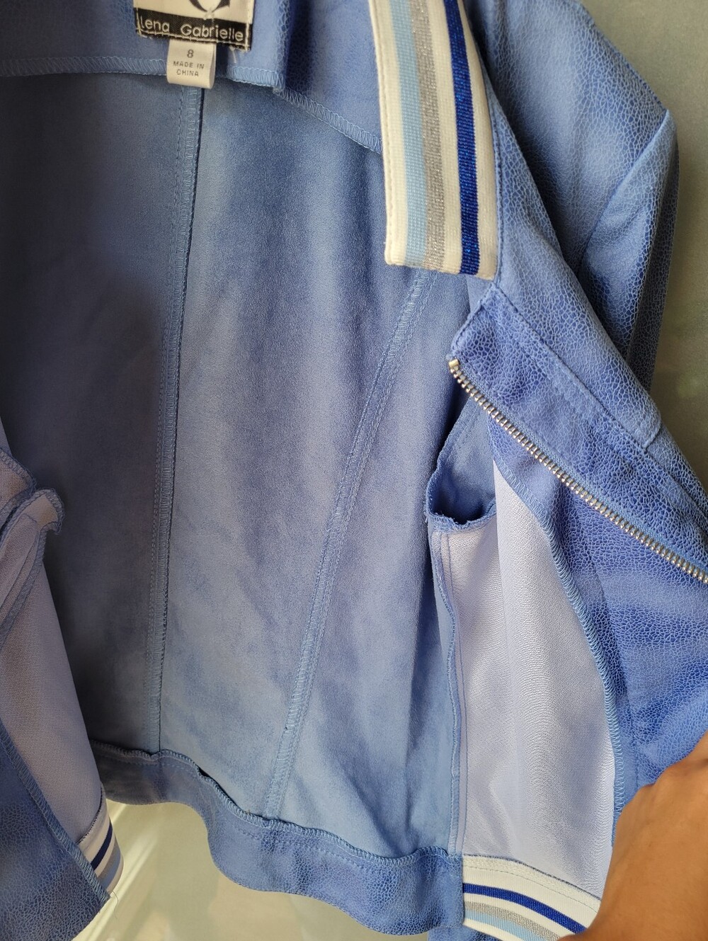 Lena Gabrielle Women's Faux Suede Jacket sz 8 Ocean BLUE Full Zip Stripe Trim - Picture 12 of 12